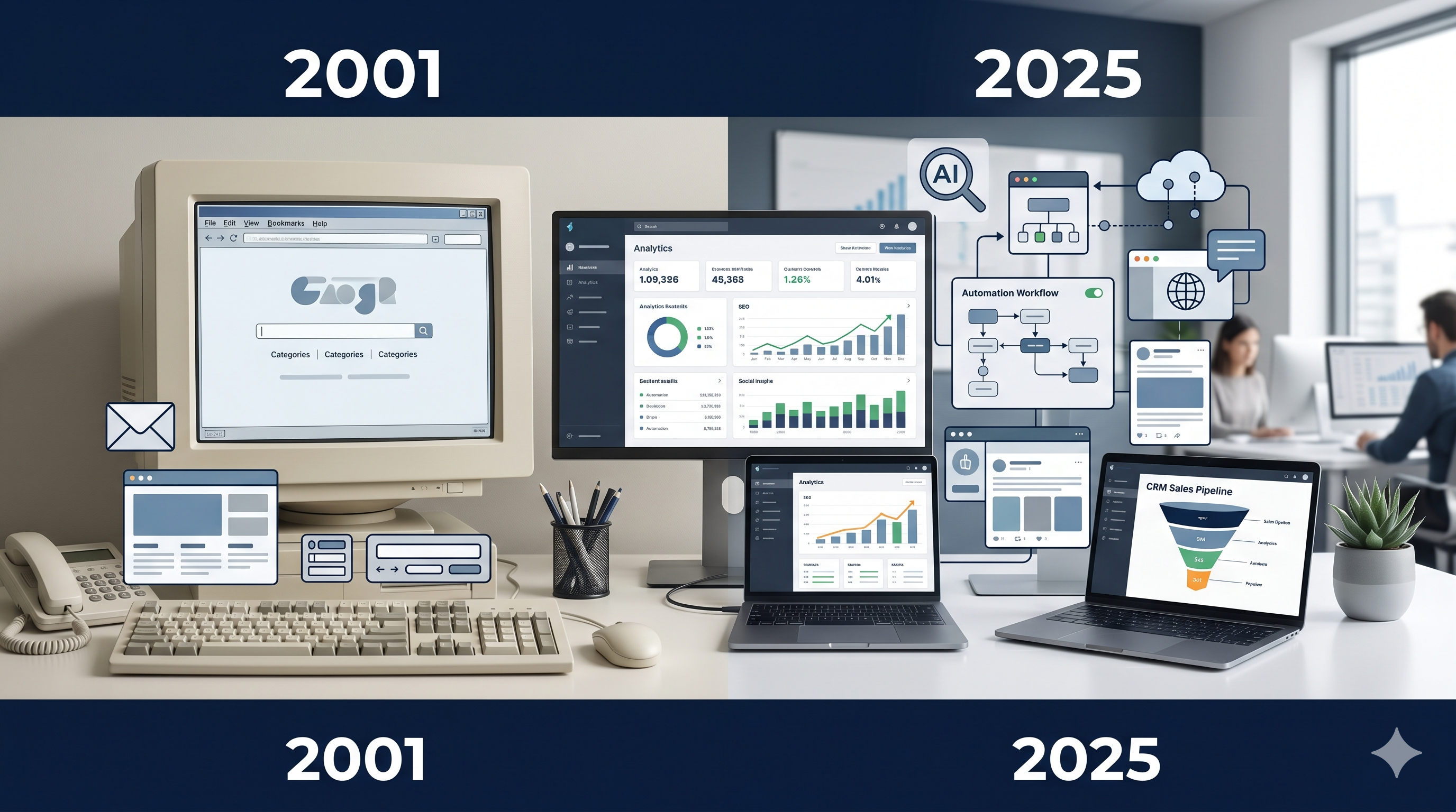 Digital marketing evolution from 2001 to 2025 with SEO AI automation and modern marketing tools