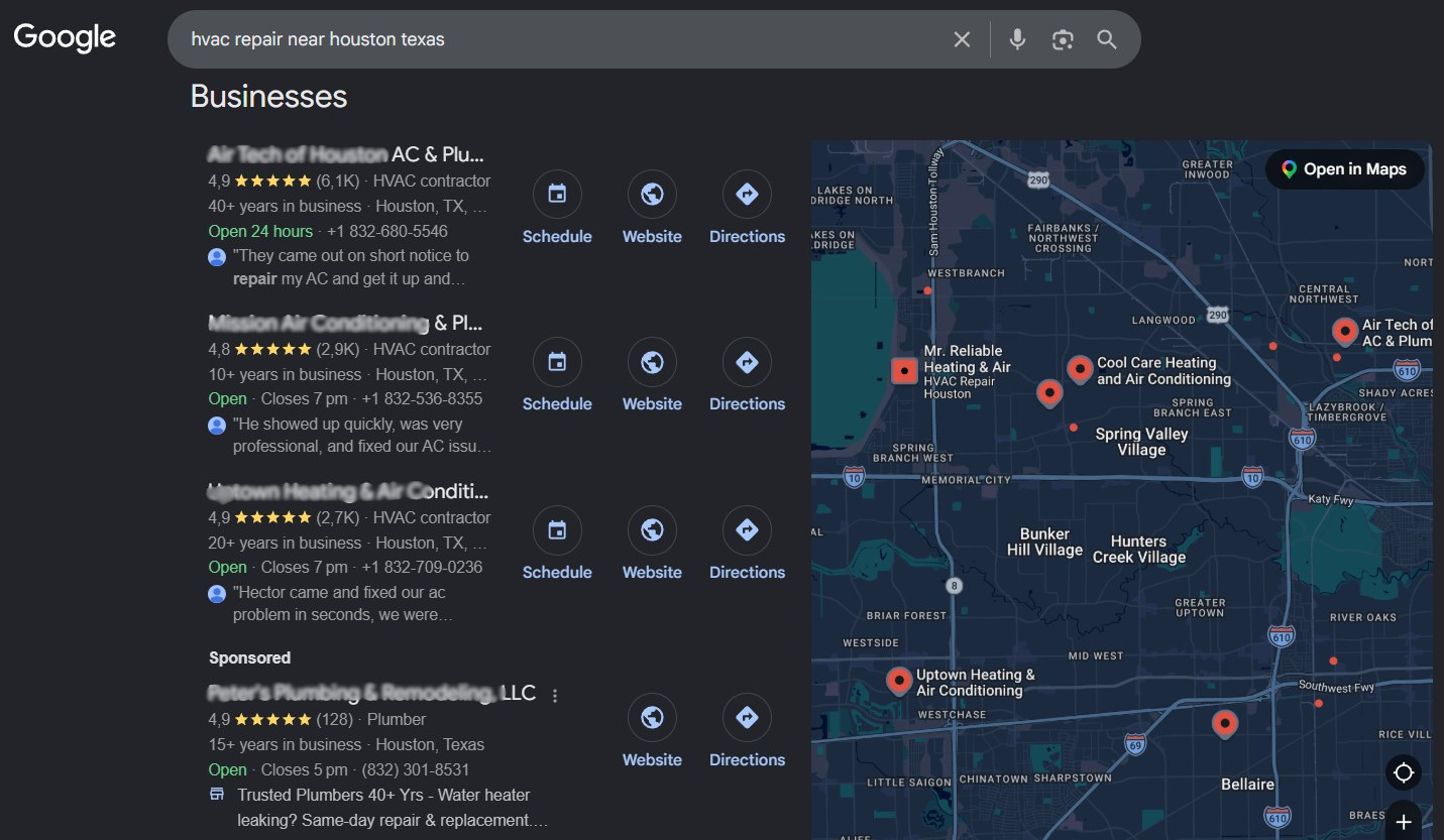 Google Business Profile map pack results for AC repair in Houston TX