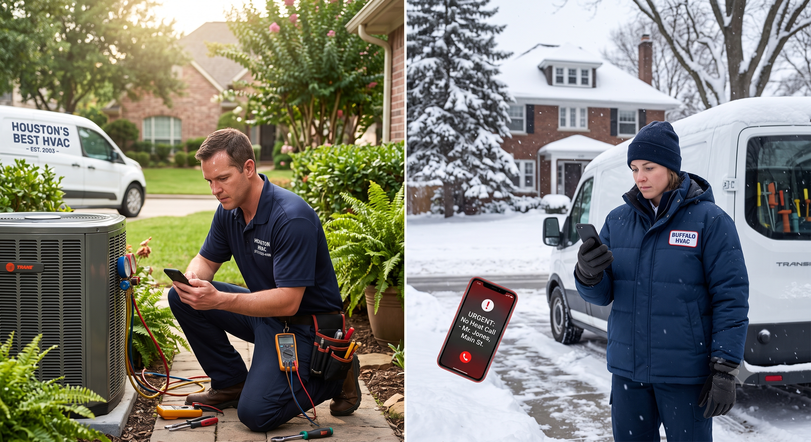 Houston and Buffalo HVAC advertising comparison showing AC repair demand and winter no heat service calls