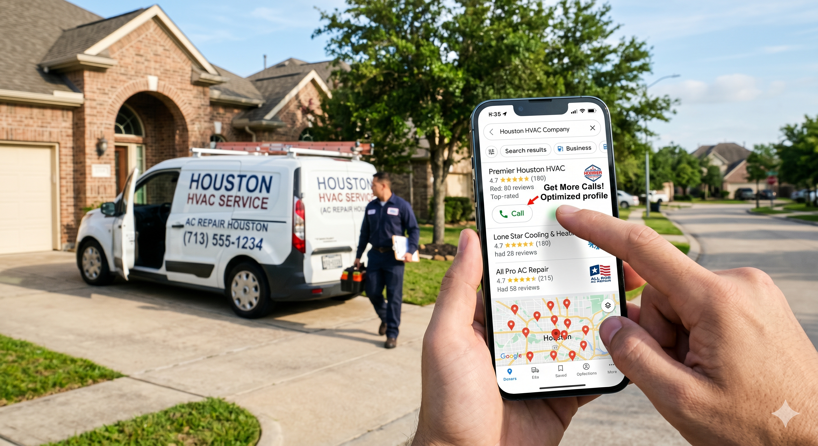 Houston HVAC Google Maps calls from an optimised Google Business Profile
