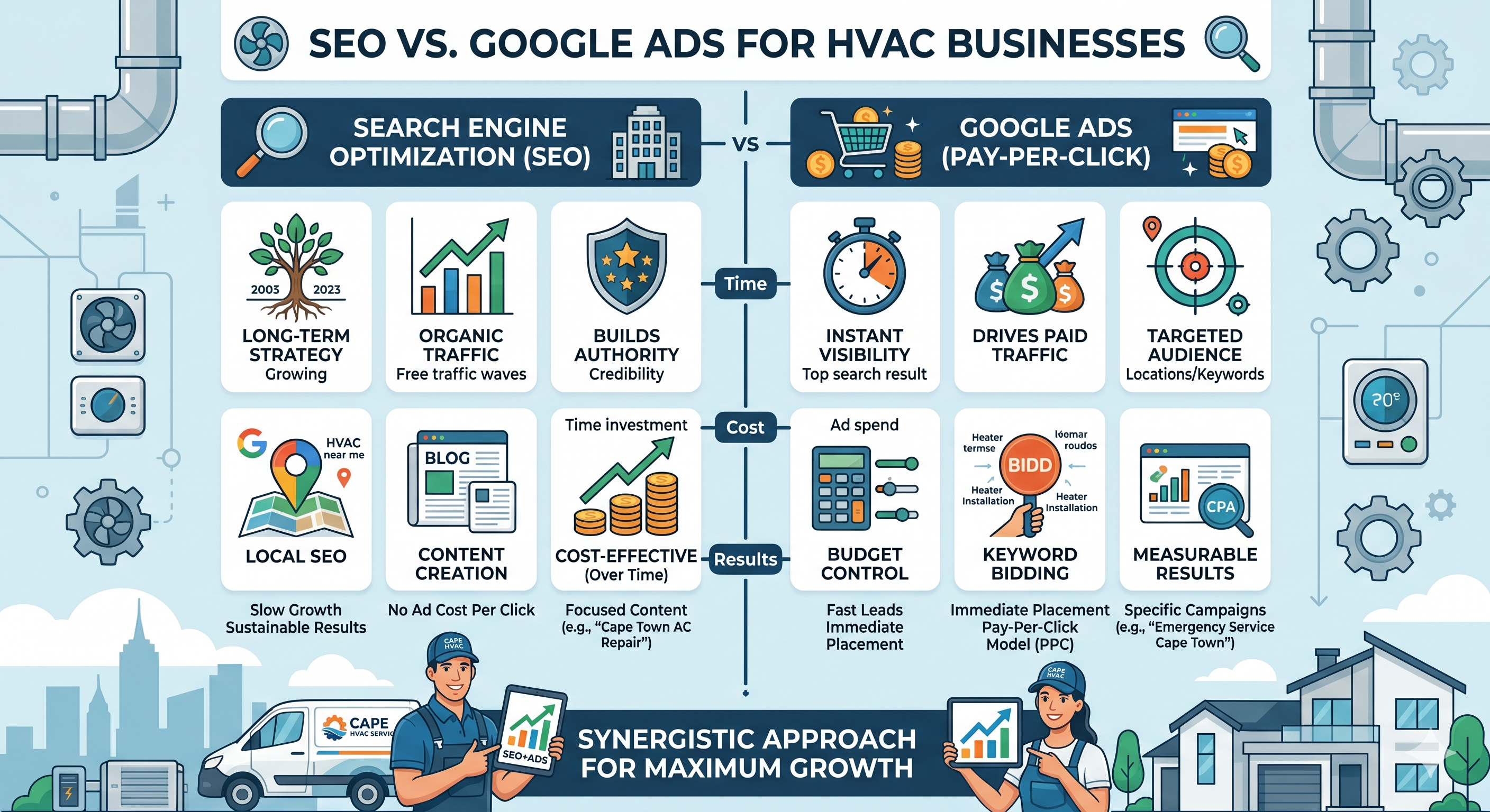 HVAC SEO vs Google Ads Houston contractors comparing local search and paid campaigns